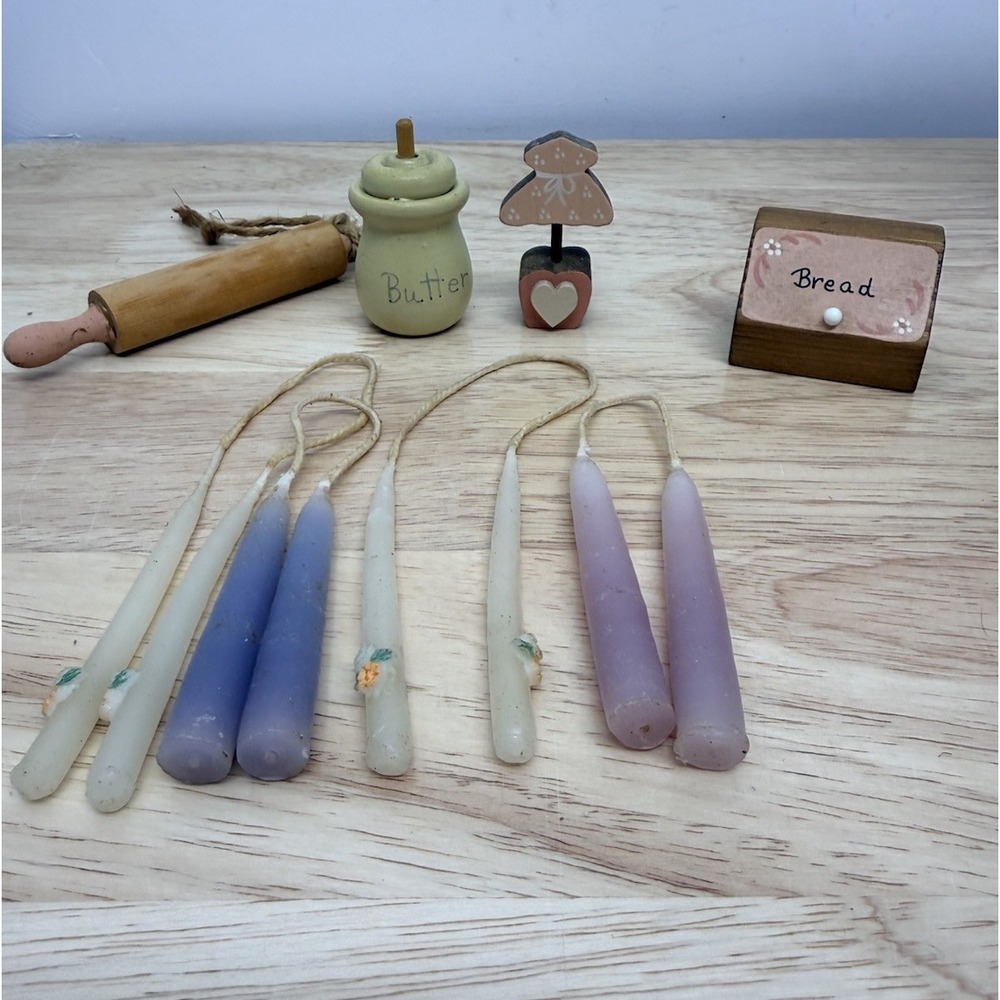 Primitive Miniature Kitchen Decor Bread Box Rolling Pin Candles Butter Jar #14